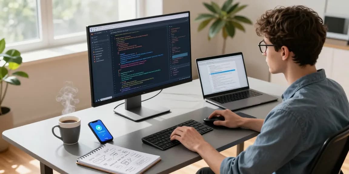 Download Telegram app interface in a professional workspace with developer focused on coding, reflecting a modern tech environment.