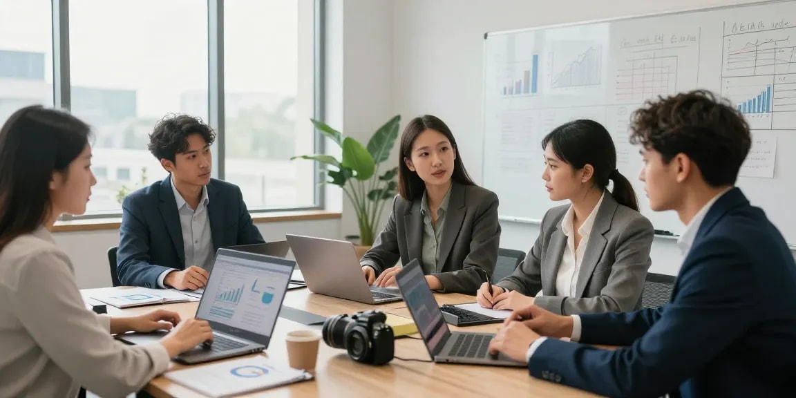 Zakelijk krediet gesprek in modern kantoor, team bespreekt financiële strategieën met laptops en notities.