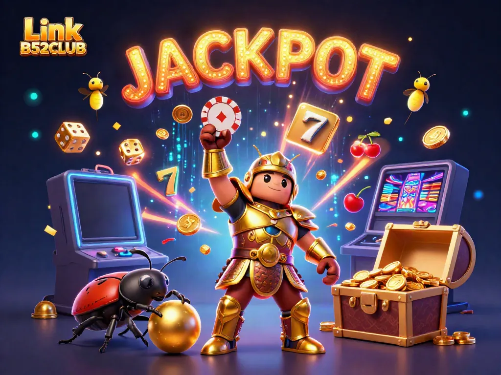 Experience the thrill of Link B52CLUB with vibrant 3D casino illustration showcasing a victorious hercules beetle