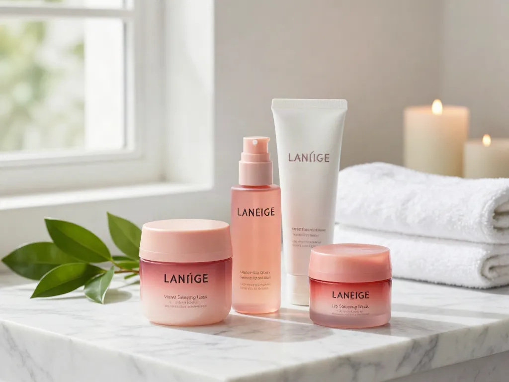 Laneige producten zoals Water Sleeping Mask en Lip Sleeping Mask in een serene spa-achtige setting, perfect voor hydratatie.