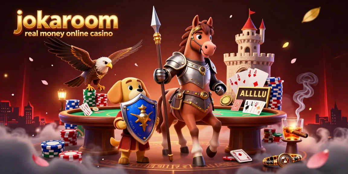 Experience the thrill of the jokaroom real money online casino with knights and poker in a dynamic 3D illustration.