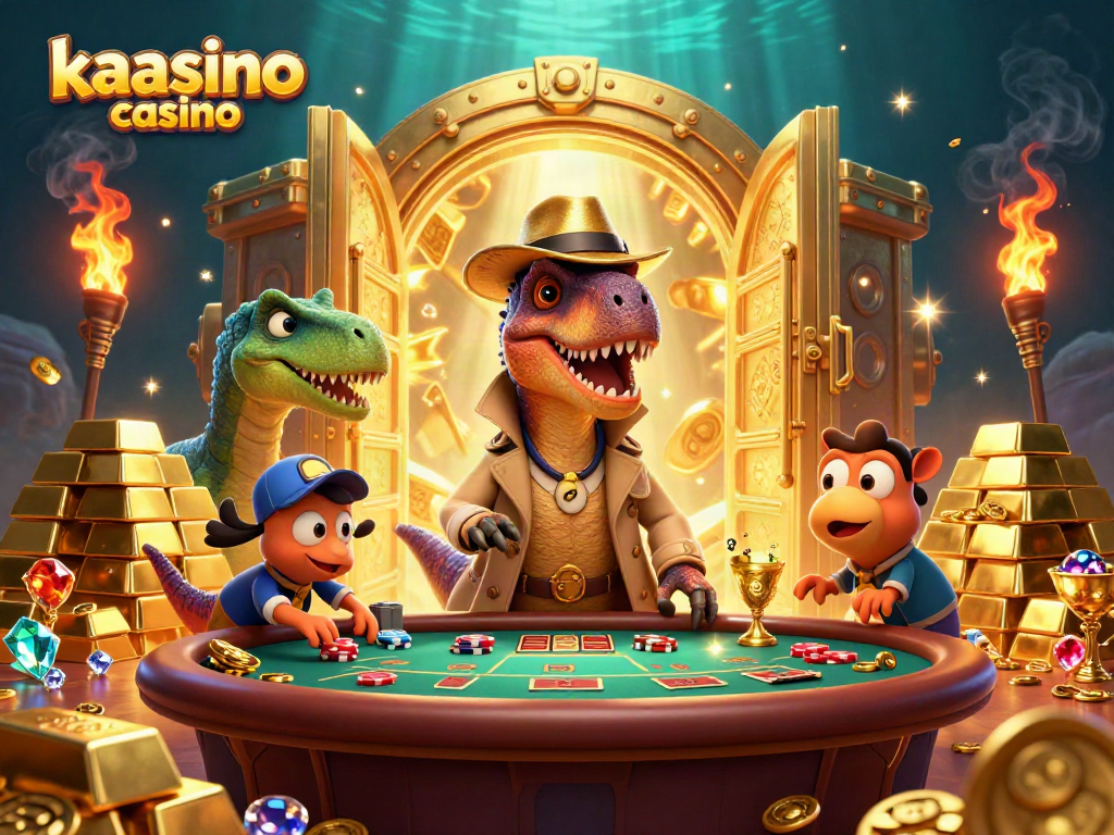 Kaasino casino's animated characters at a blackjack table highlight thrilling gameplay and hidden treasures.