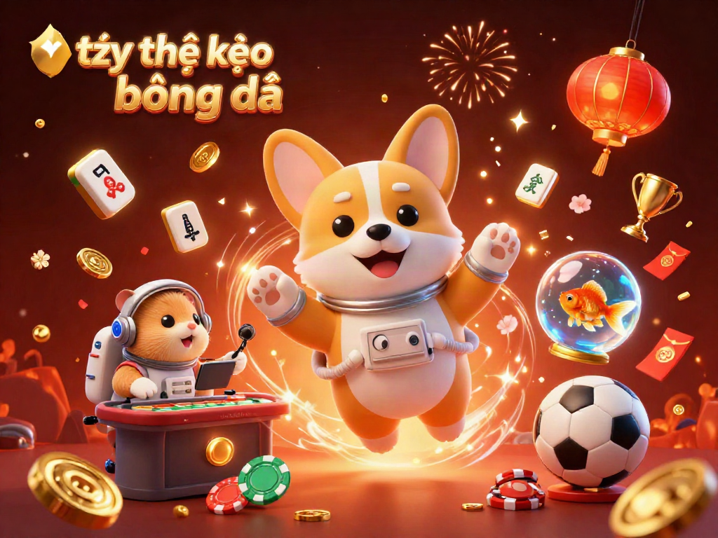 Engage in tỷ lệ kèo bóng đá action with a floating astronaut corgi and colorful betting elements in a vibrant casino.