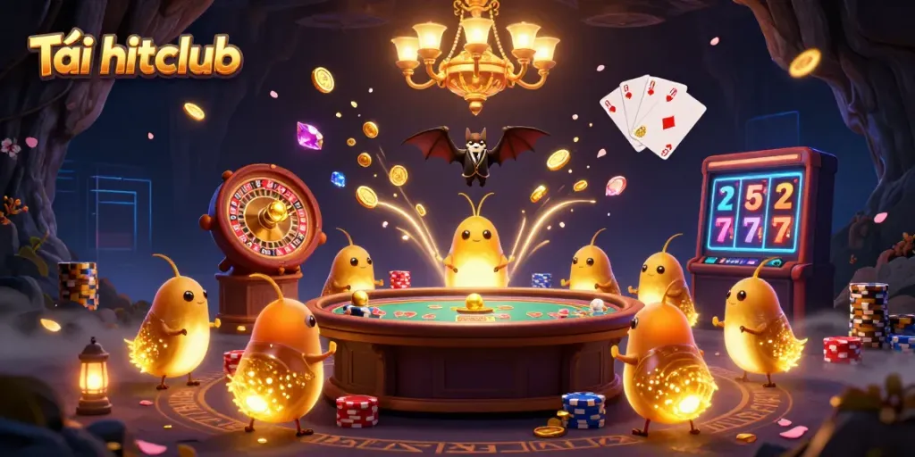 Engage in Tải hitclub with glowworms lighting a vibrant casino scene filled with coins and cards.