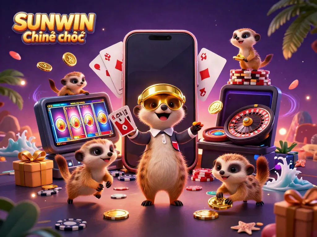 Experience the excitement of SUNWIN Chính thức with 3D cartoon meerkats running a vibrant casino.