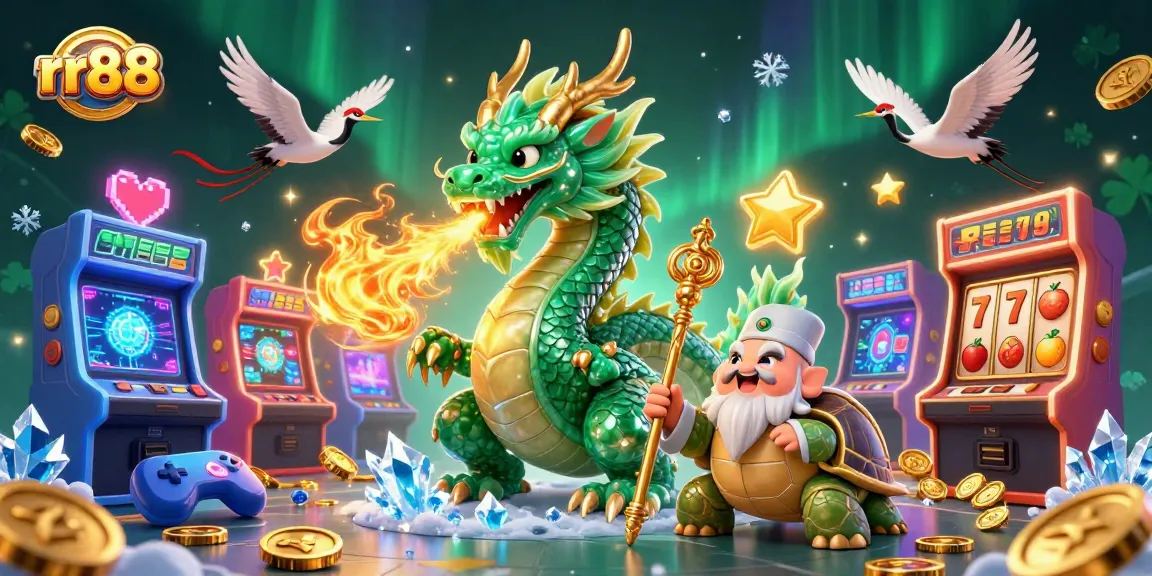 Experience the thrill of rr88 with an emerald jade dragon and a wise turtle sage in a vibrant, captivating casino scene.