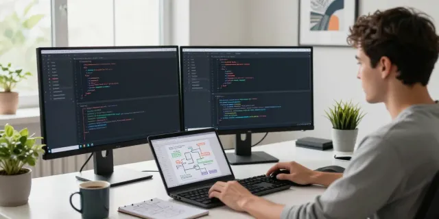 Developer coding in a tech workspace, showcasing OpenAI-compatible API for multiple models integration.