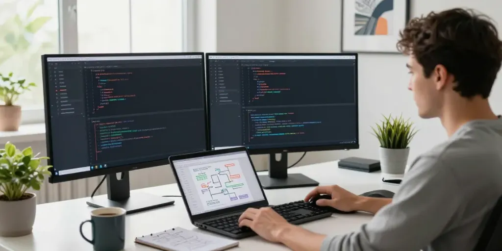Developer coding in a tech workspace, showcasing OpenAI-compatible API for multiple models integration.