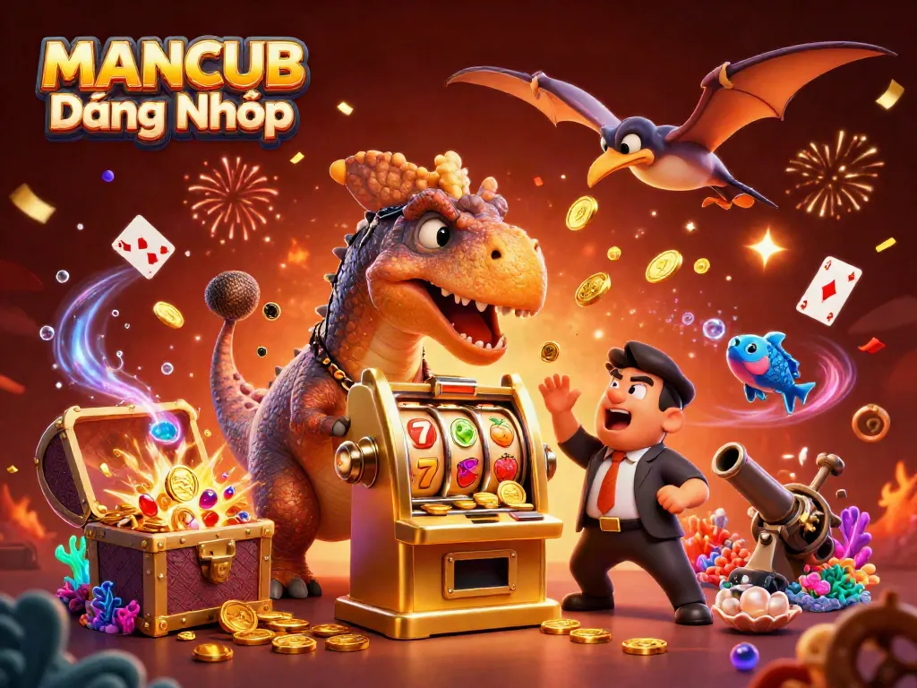 MANCUB Đăng Nhập: 3D pachycephalosaurus winning at a golden slot machine, amidst casino excitement.