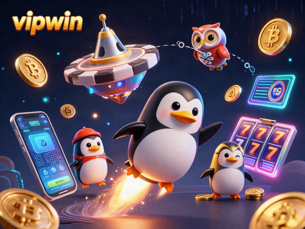 Experience exciting gameplay with vipwin's dynamic casino scene featuring a golden penguin in space.