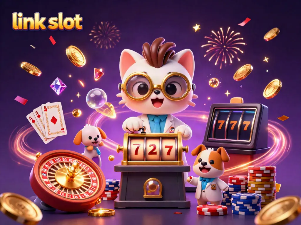 Experience thrilling wins at link slot with a joyful cartoon scientist and assistant creating jackpot magic.