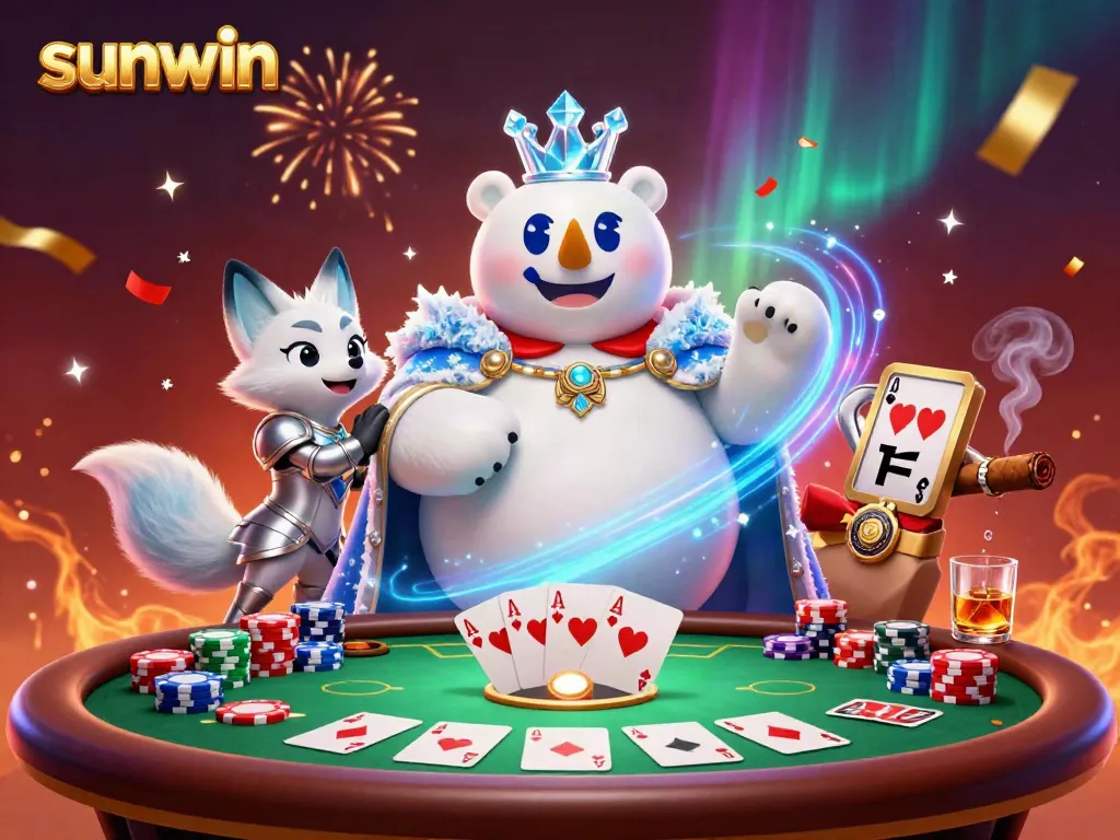 Experience thrilling poker action at sunwin with the ice king and snow fox in a vibrant casino.
