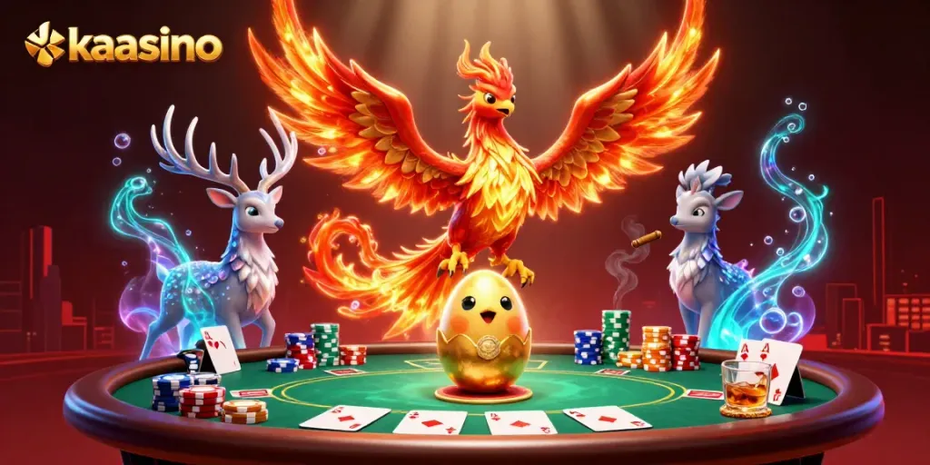 Kaasino features an enchanting scene with a phoenix and poker elements, encapsulating the gaming spirit.