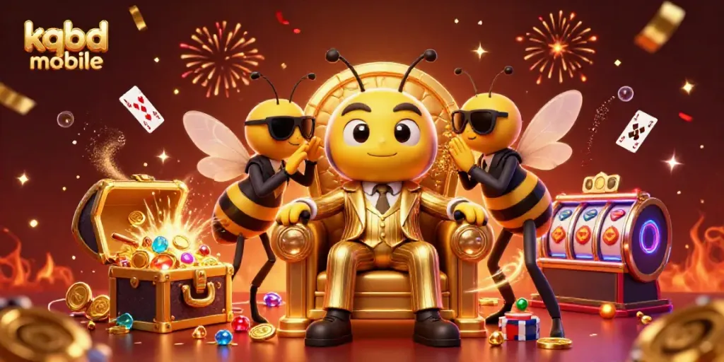 Experience the rich dynamics of kqbd mobile as a buzzing bumblebee mob boss and colorful characters populate a vibrant casino scene.