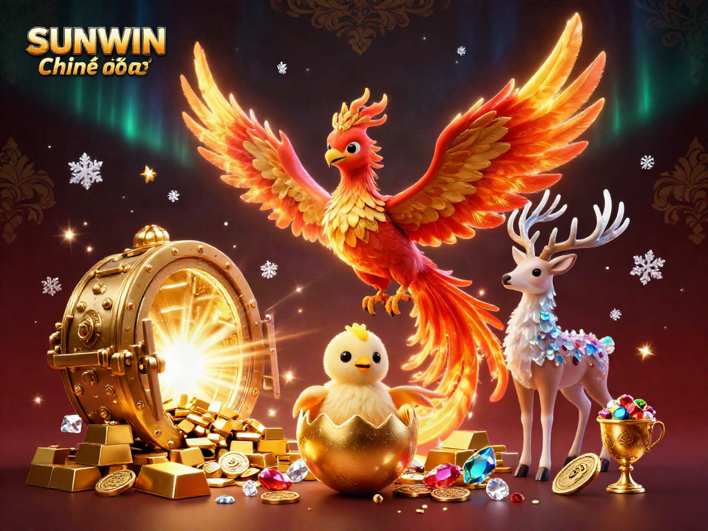 SUNWIN Chính thức showcases a magical phoenix scene with treasure elements, capturing the excitement of casino gaming.