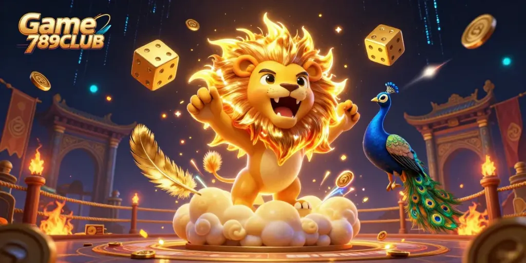 Engage with Game 789CLUB featuring a vibrant, dynamic casino scene showcasing a roaring lion and golden dice.