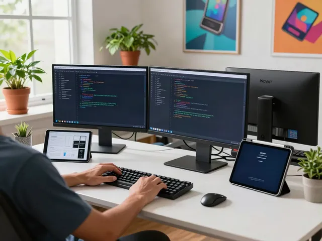 Pikashow download workspace with developer coding on dual monitors amidst a vibrant office.