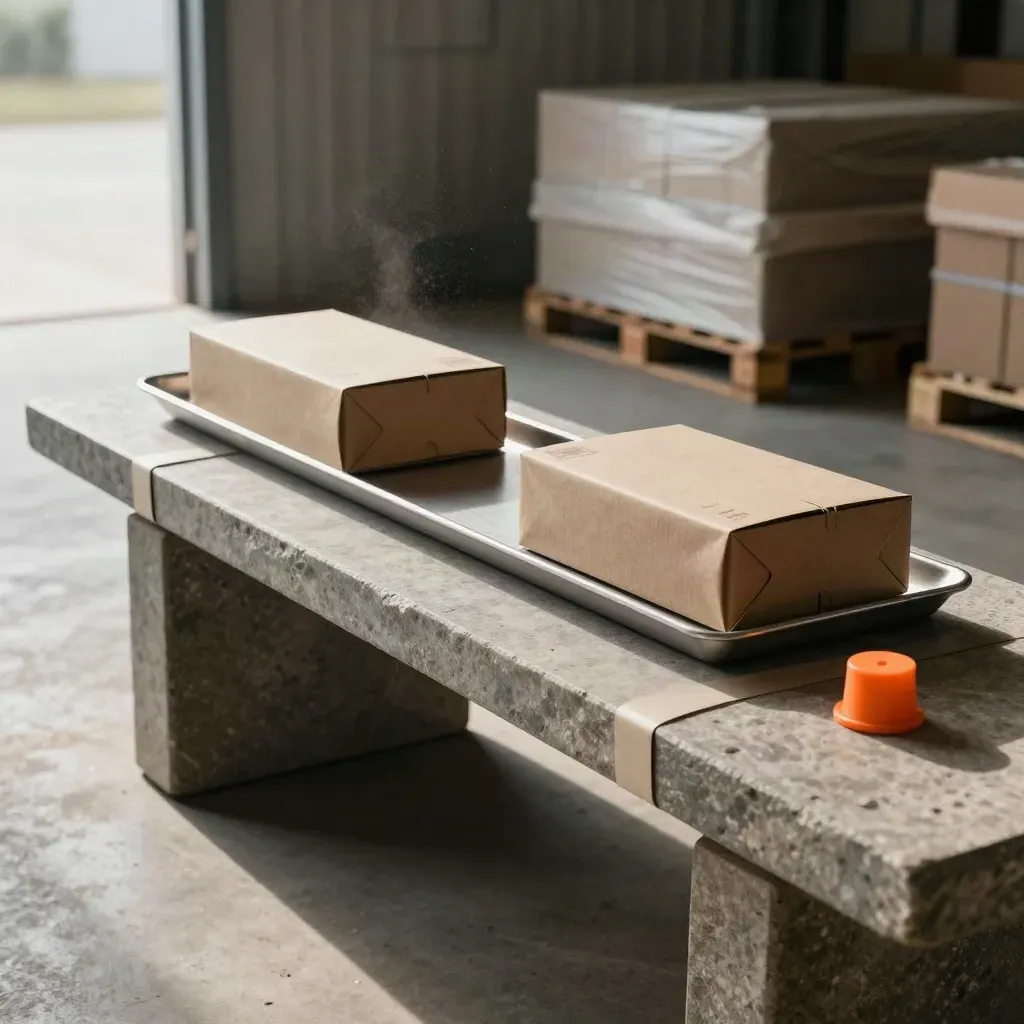 Modulaire catalogusset met dozen en tray bij een magazijningang met oranje accent.