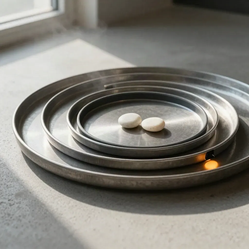 Ronde herhaalbestelling met trays, rubber ring en tokens op beton in zacht licht