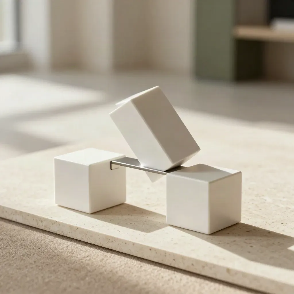 Witte modulaire koppelstukken op travertin, in zachte daglichtsfeer.