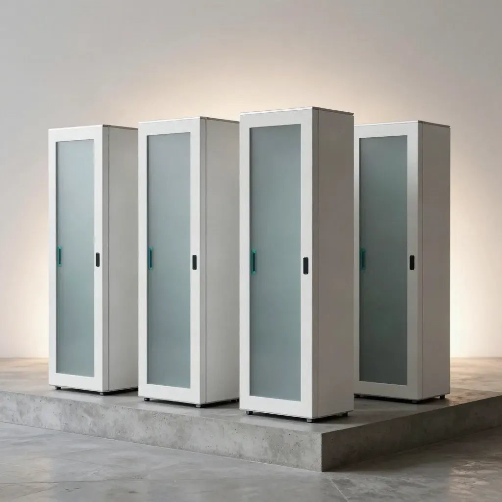 Vier modulaire portal-units voor franchisebeheer in een lichte concrete setting.