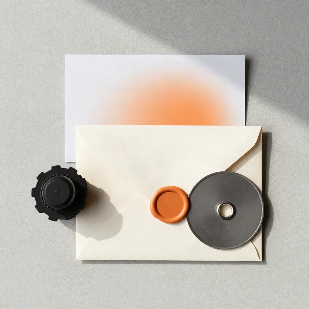 Overhead flatlay van supportbundel met terminal puck, verzegelde envelop en tokenring.