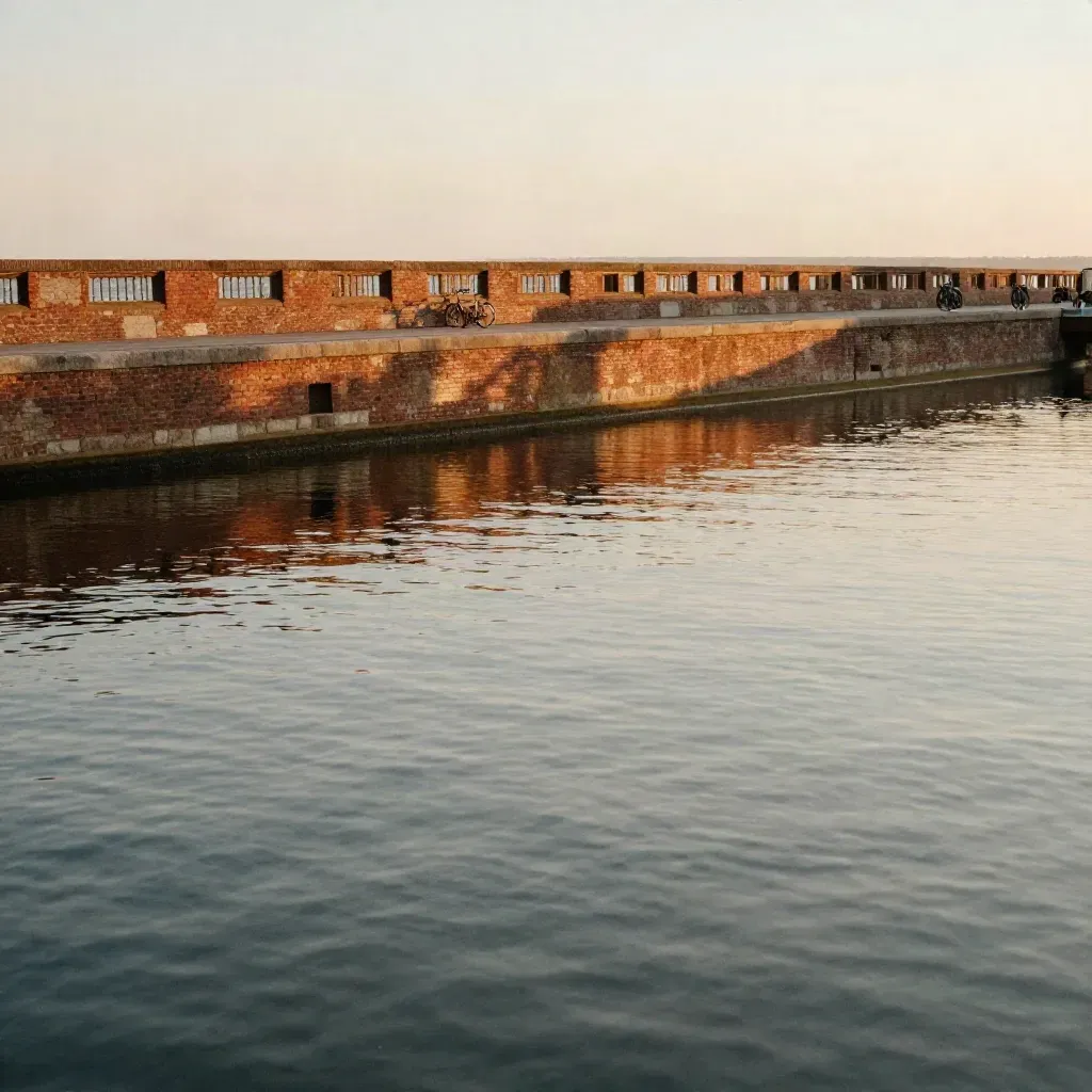 Zonovergoten kanaal met bakstenen kademuur, spiegelend water en vervaagde fietsen in gouden avondlicht.