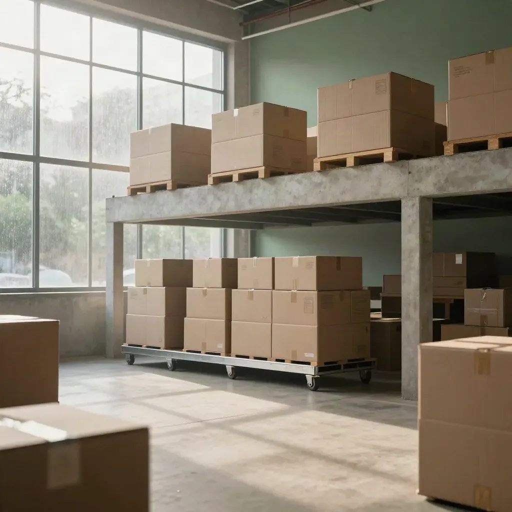 Magazijnloft met dozen, beton, glas en zachte regenmist in het licht.