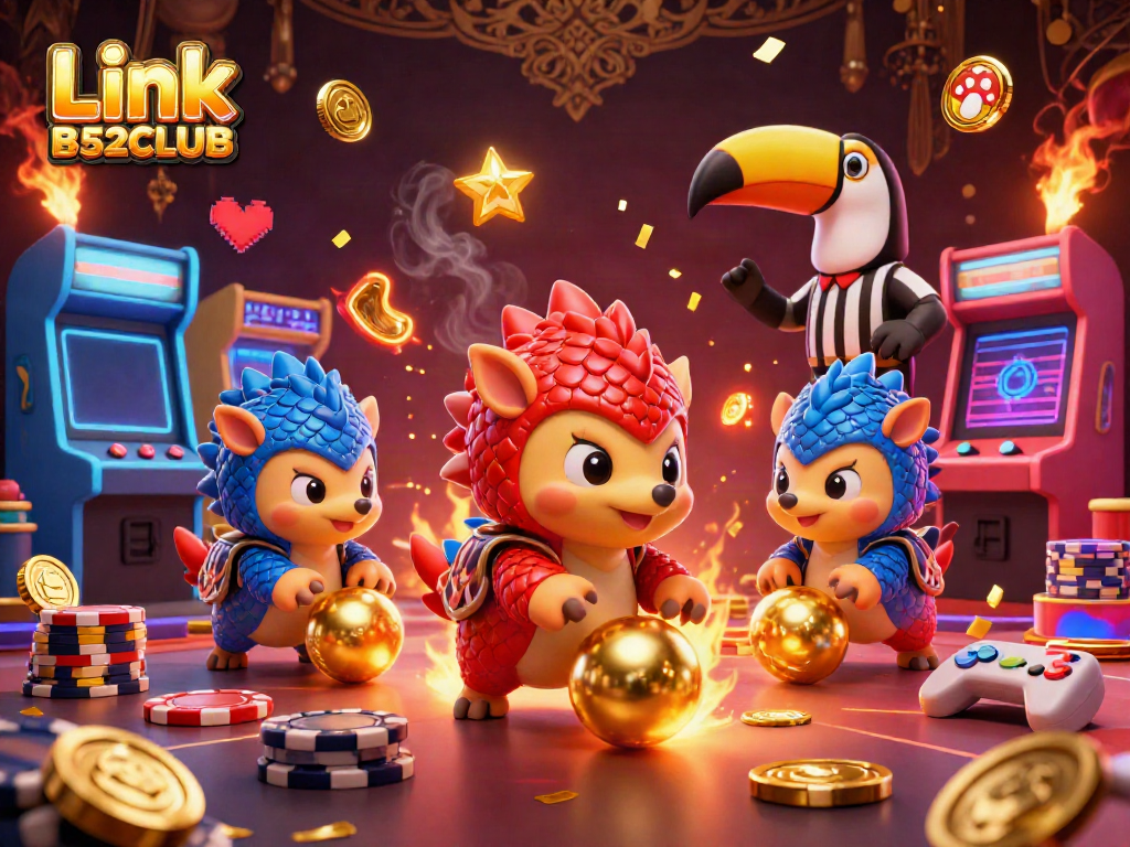 Experience the excitement of Link B52CLUB with dynamic pangolins and vibrant casino elements in 3D.