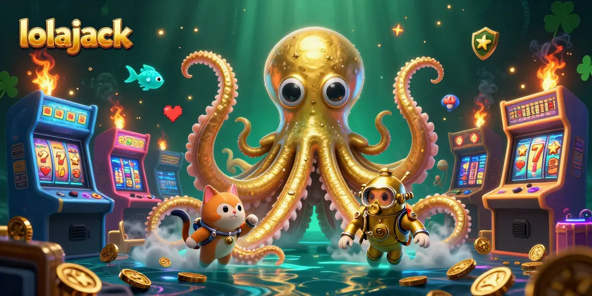 Experience thrilling gaming at lolajack with a kraken, diving cat, and neon casino elements.