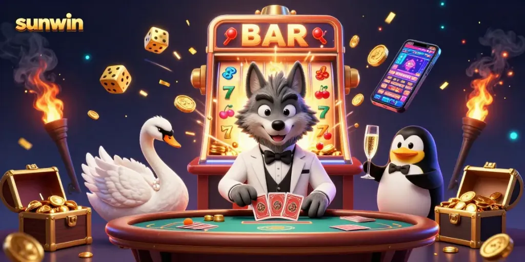 Win big at sunwin with this vibrant 3D casino scene featuring a debonair wolf, elegant swan, and sophisticated penguin.
