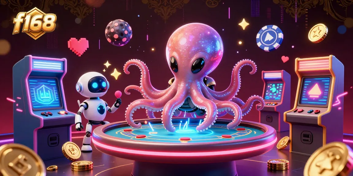Experience thrilling gameplay with f168's alien octopus dealer at a holographic poker table in this vibrant casino scene.