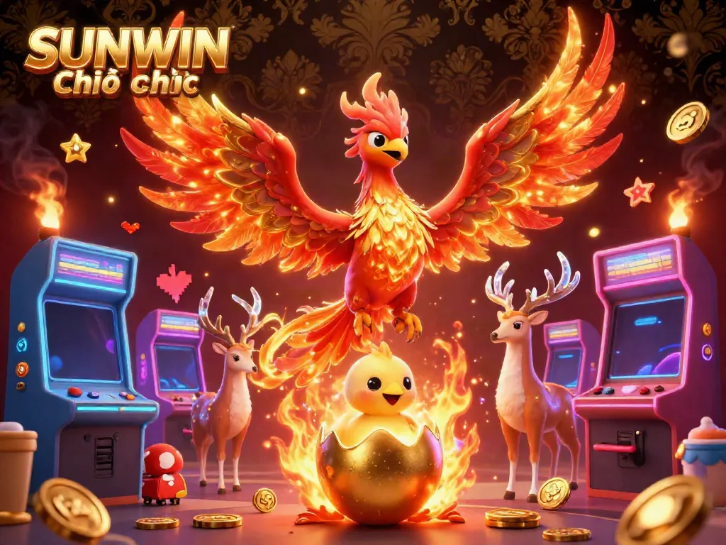 SUNWIN Chính thức showcases vibrant gaming energy with a dazzling phoenix and arcade elements in a 3D illustration.