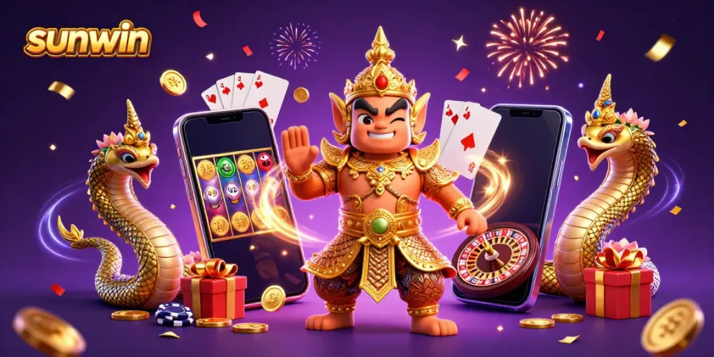 Experience the exciting world of sunwin with vibrant slot games and a friendly casino guardian character.