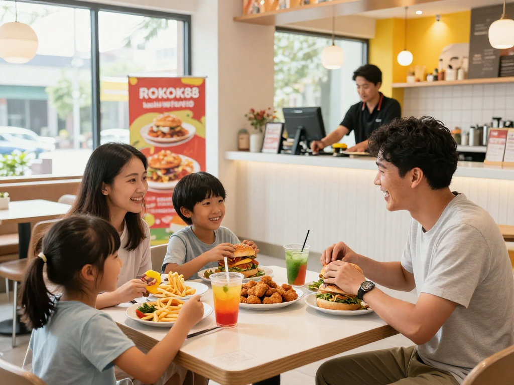 Family enjoying a meal at ROKOK88 restaurant, featured on rokok88 blog, showcasing a cheerful dining atmosphere.
