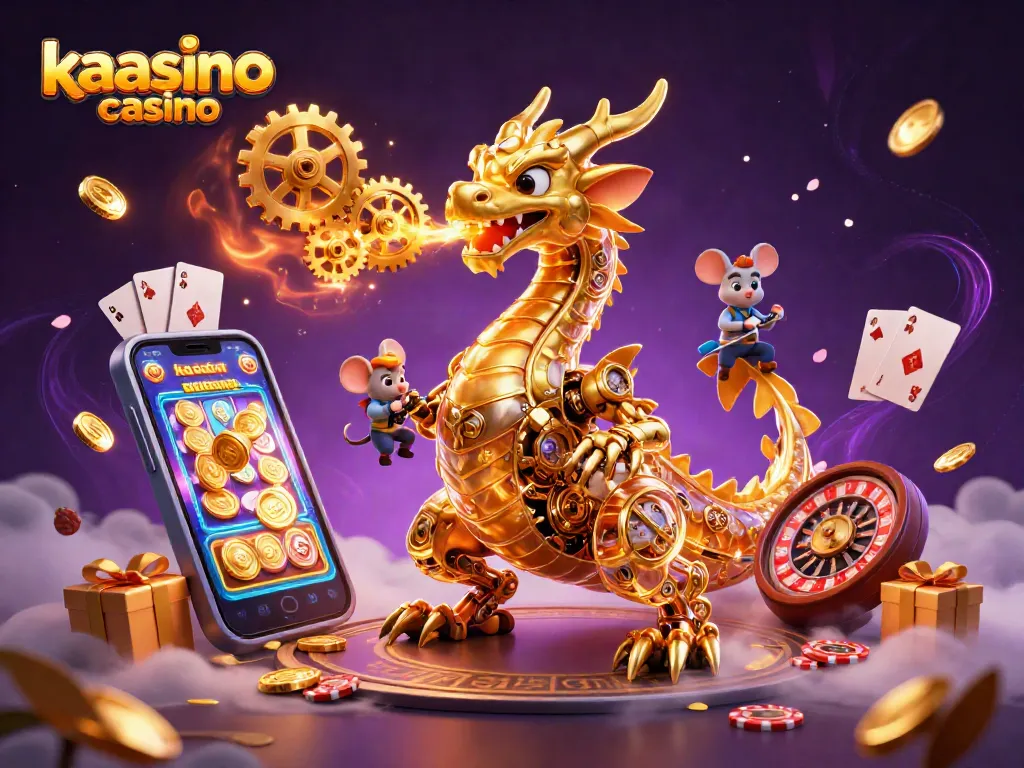 Kaasino casino presents an ultra-detailed scene with a dragon and an engineer amidst thrilling slots and cards.