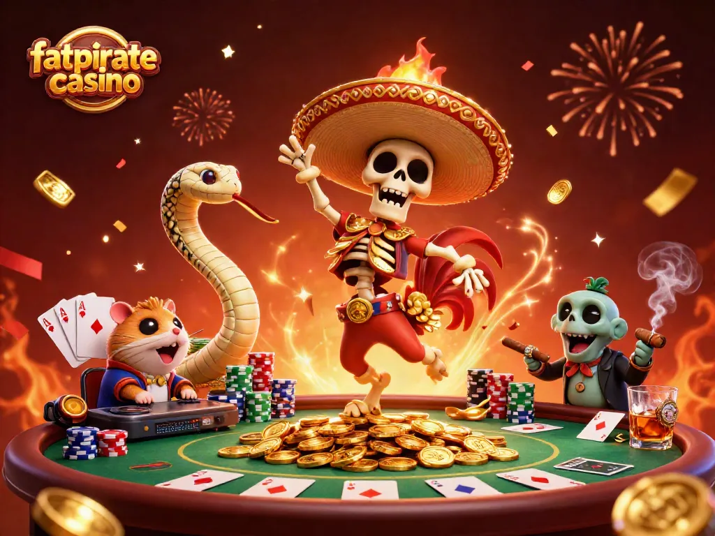 Experience the excitement of fatpirate casino with dynamic characaters celebrating over poker games.