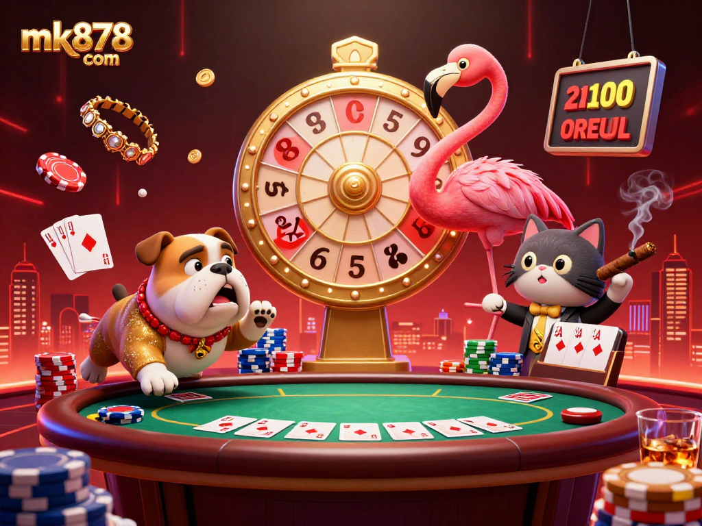 Spin the golden prize wheel for mk878 com's exciting gaming experience amidst vibrant poker elements.