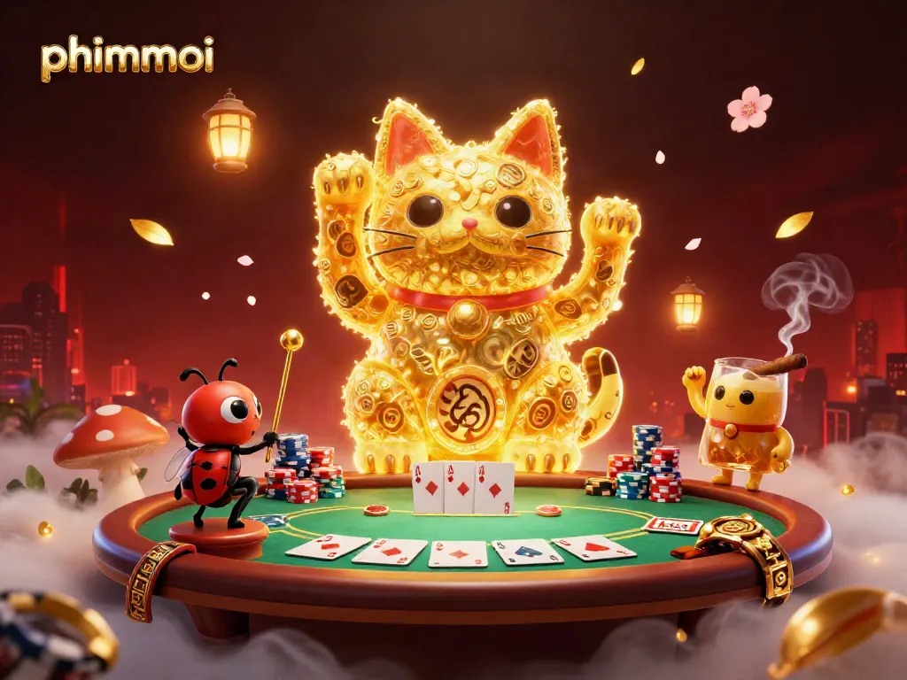 Engage with phimmoi's casino-themed vibrant scene featuring a lucky cat and poker elements.