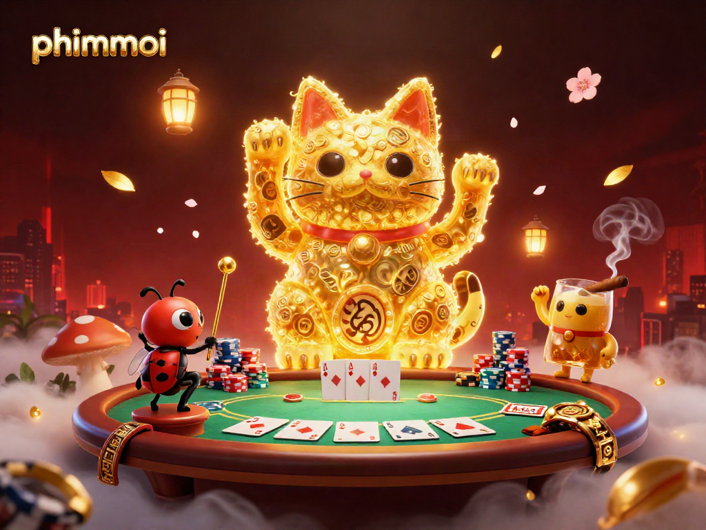 Engage with phimmoi's casino-themed vibrant scene featuring a lucky cat and poker elements.