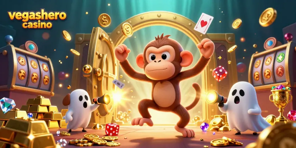 Engage in the excitement of vegashero casino with this vibrant 3D illustration, showcasing playful characters and dynamic gaming elements.