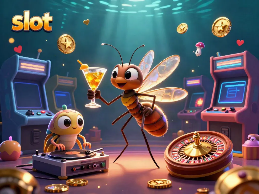 Experience the excitement of slot gaming with vibrant 3D characters, including a casino mascot and DJ in a unique scene.