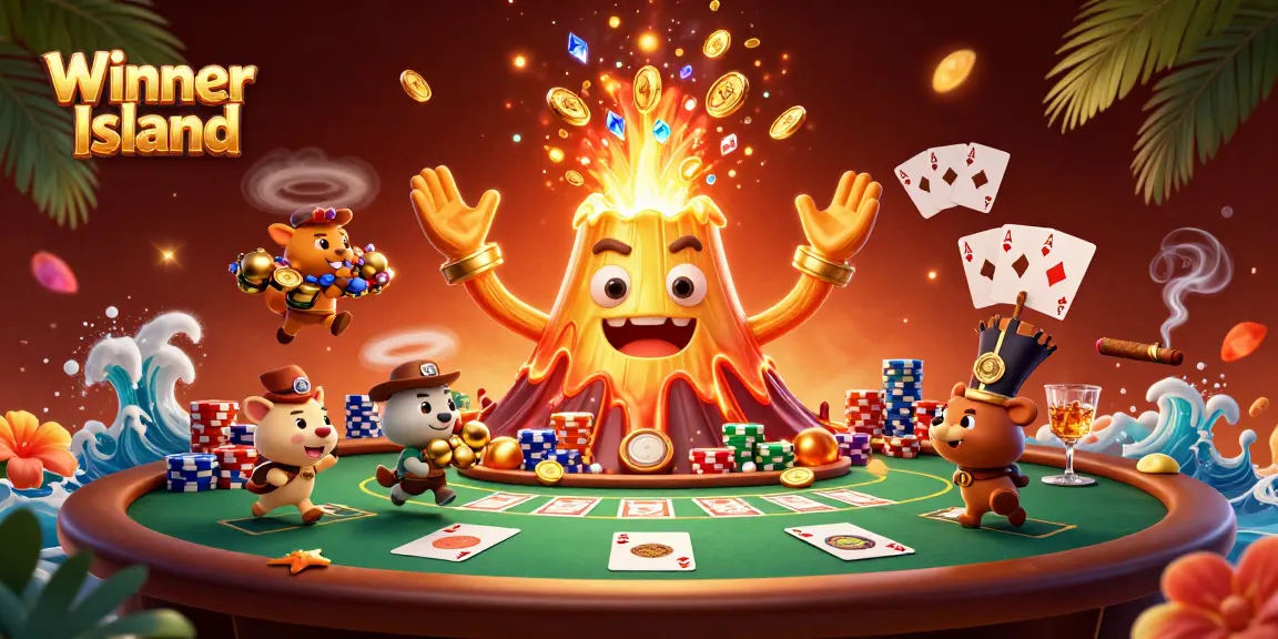 Collect treasures on Winner Island as a volcano erupts coins and gems in this vibrant casino scene.
