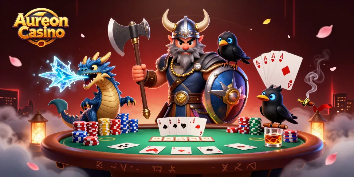 Aureon Casino showcases thrilling gameplay with a Viking warrior, fierce dragon, and poker elements.